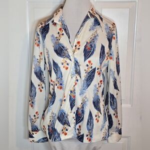Vintage Blue and White Feather Print Women's Long Sleeve Top Blouse